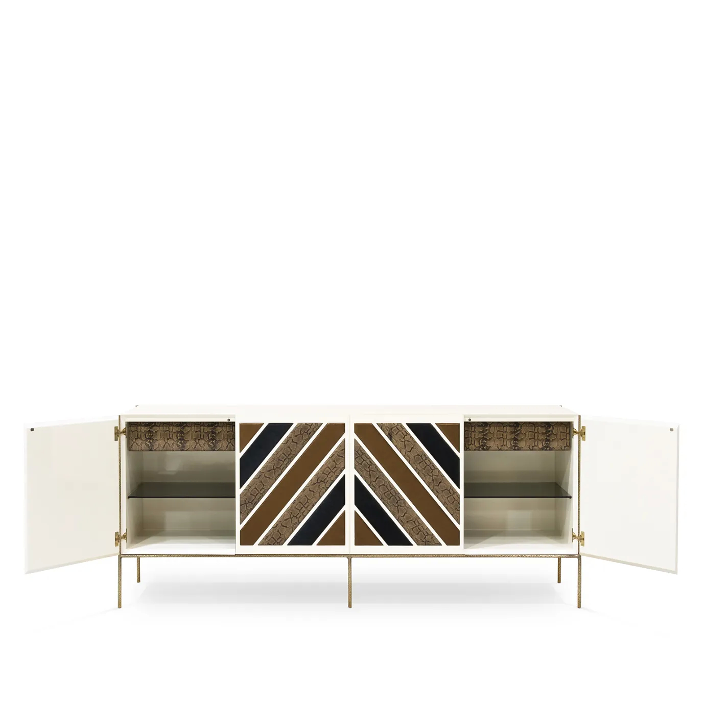 Opium Cream Cabinet by KOKET with doors open revealing glass shelves and leather-lined drawers