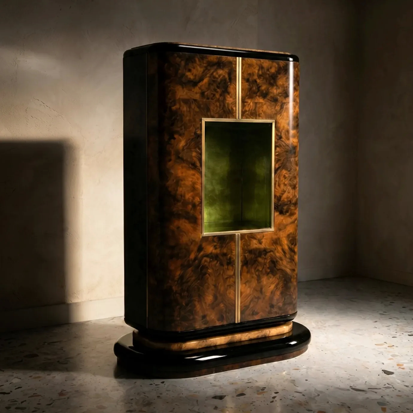 KOKET Women Art Deco luxury armoire with rich wood veneer, glossy black lacquer, green interior and gold details in an elegant interior.
