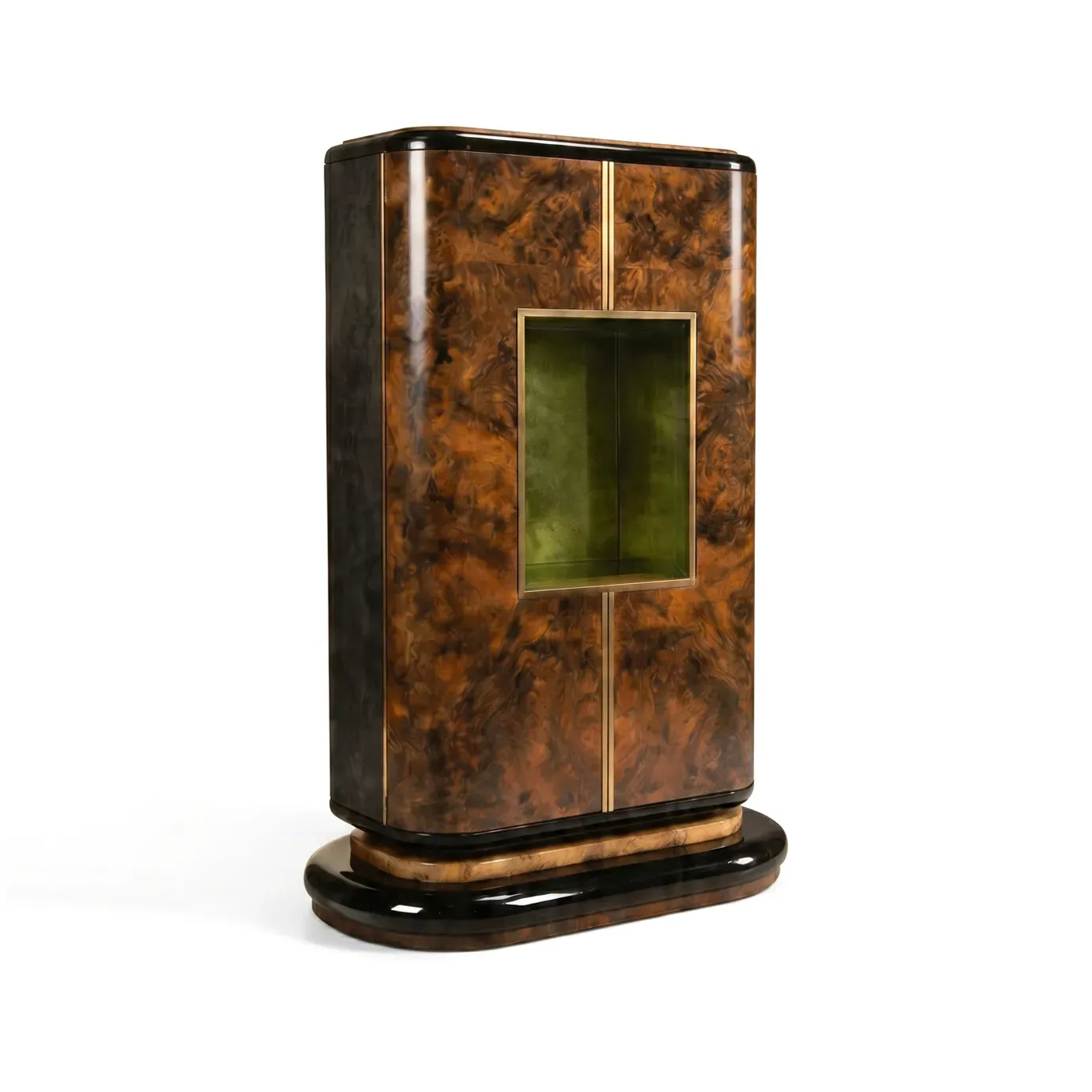 KOKET Women Art Deco luxury armoire with rich wood veneer, glossy black lacquer, gold accents and a green interior.