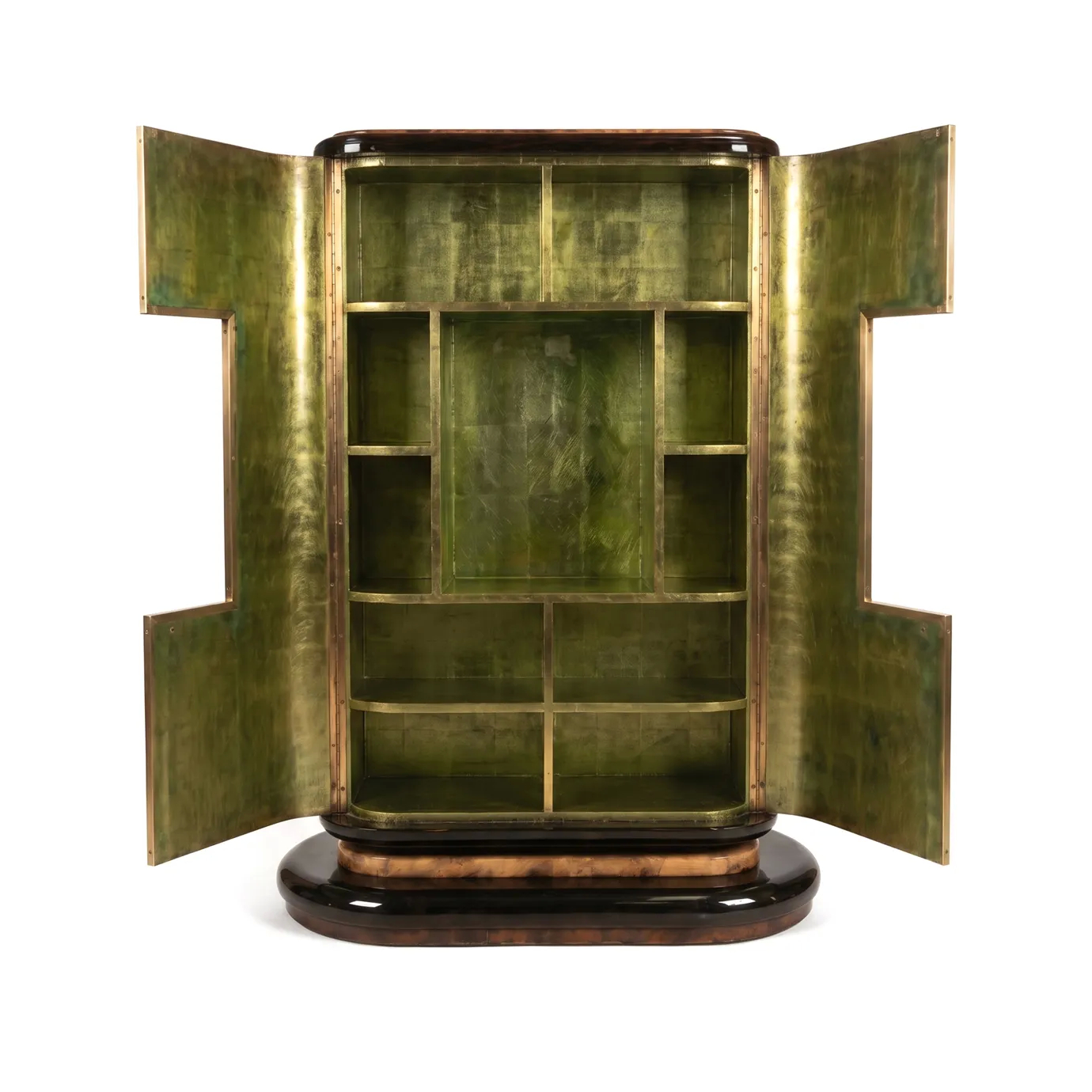 Front view of Eleanor armoire by KOKET with both doors open, revealing shelving in metallic green lacquer.