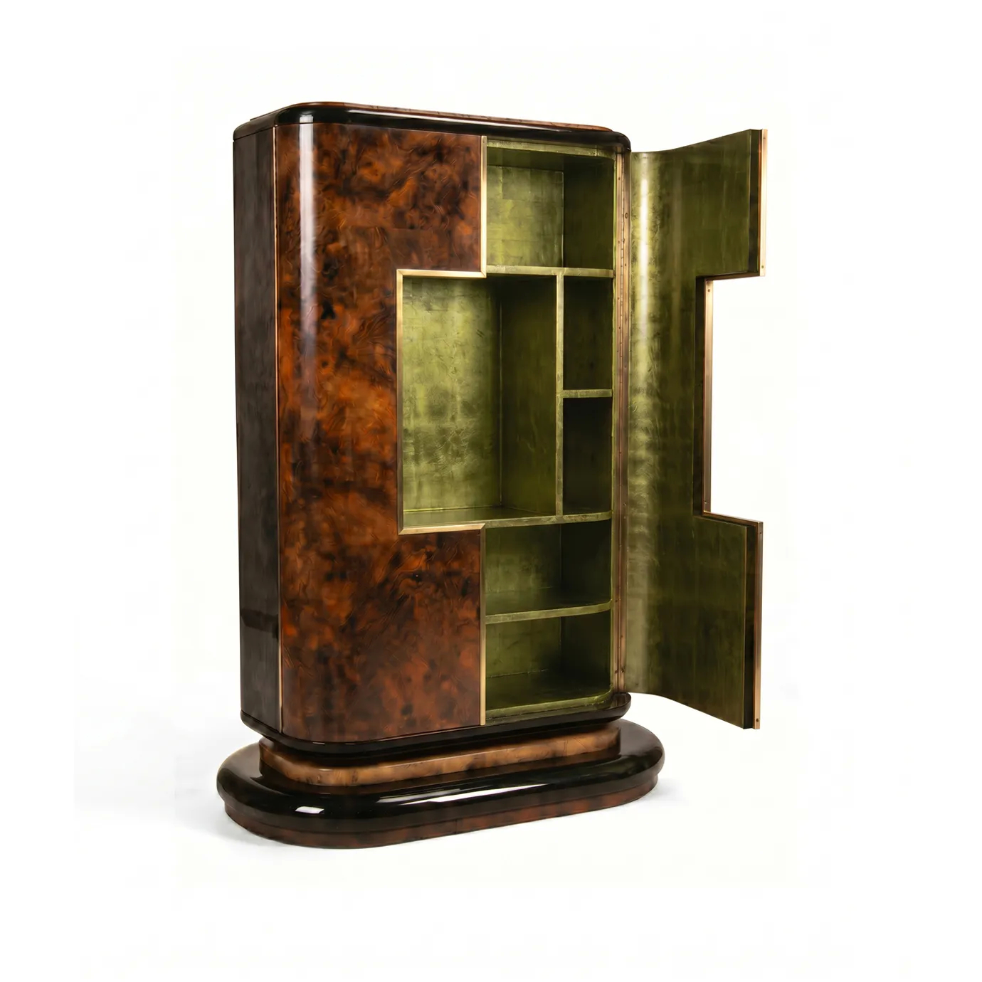 Eleanor armoire by KOKET with doors open, metallic green lacquer interior with brass-edged shelving.