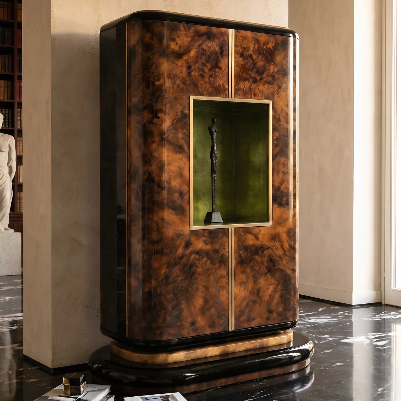 Eleanor armoire by KOKET in a library with a classical statue and marble floor, a small figure in brass-framed green niche.