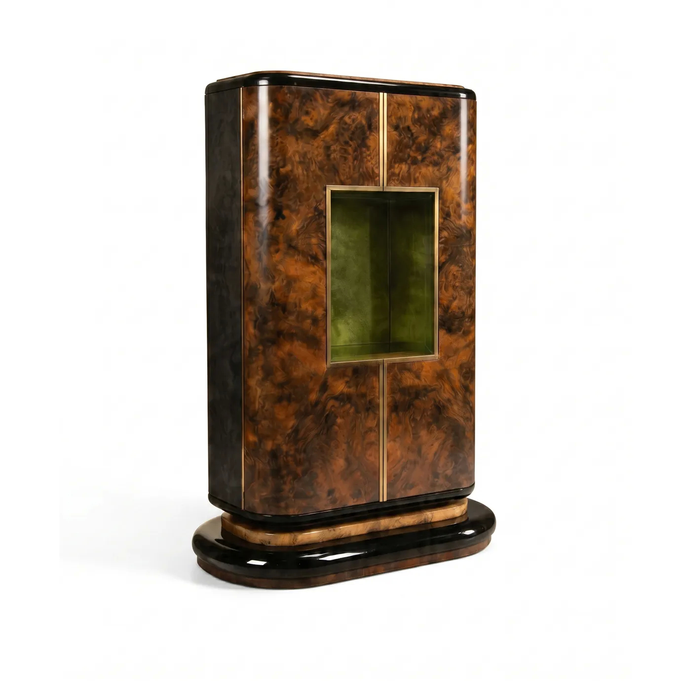 Eleanor armoire by KOKET at an angle, walnut burl with rounded corners, brass-framed green niche and stepped lacquer base.