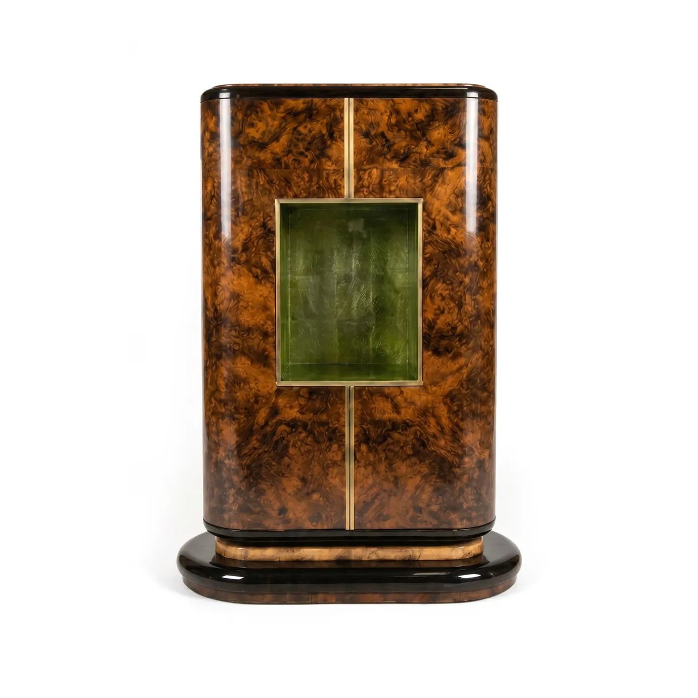 Eleanor armoire by KOKET in walnut burl, brushed brass door inlays and a brass-framed green display niche at center, front.