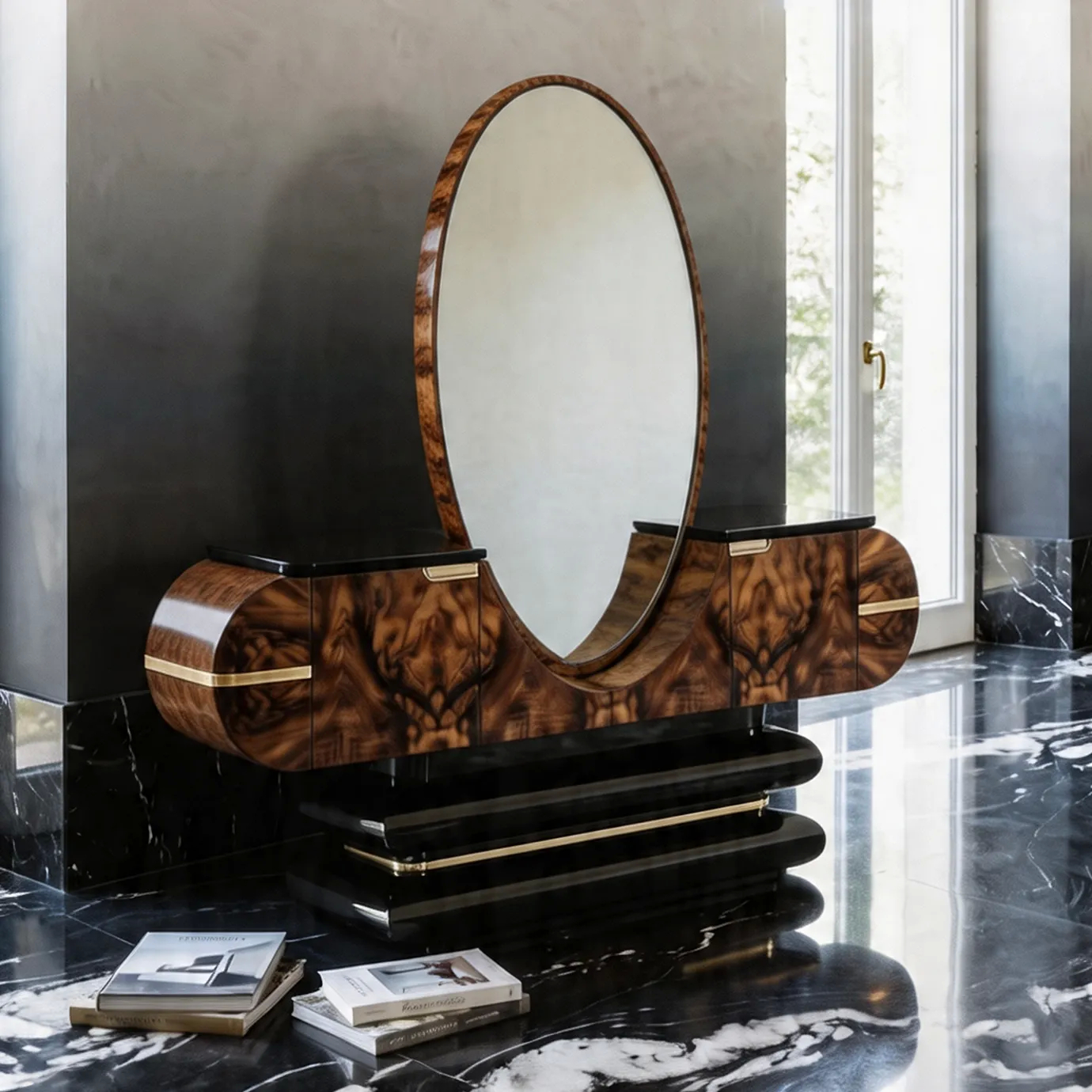 KOKET Women Art Deco luxury chest with oval mirror, rich wood veneer, black lacquer base and gold accents in an elegant interior.