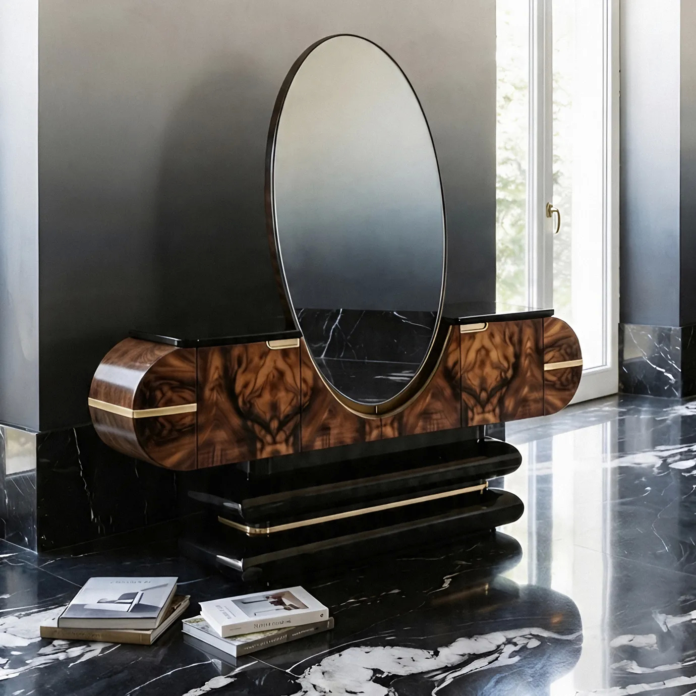 Elsa console table by KOKET in an interior with black marble floor, a graduated wall and a window, design books on the floor.