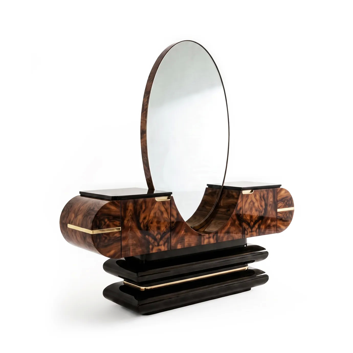 Elsa console table by KOKET at an angle, oval mirror and walnut burl body with rounded ends over stepped black lacquer base.