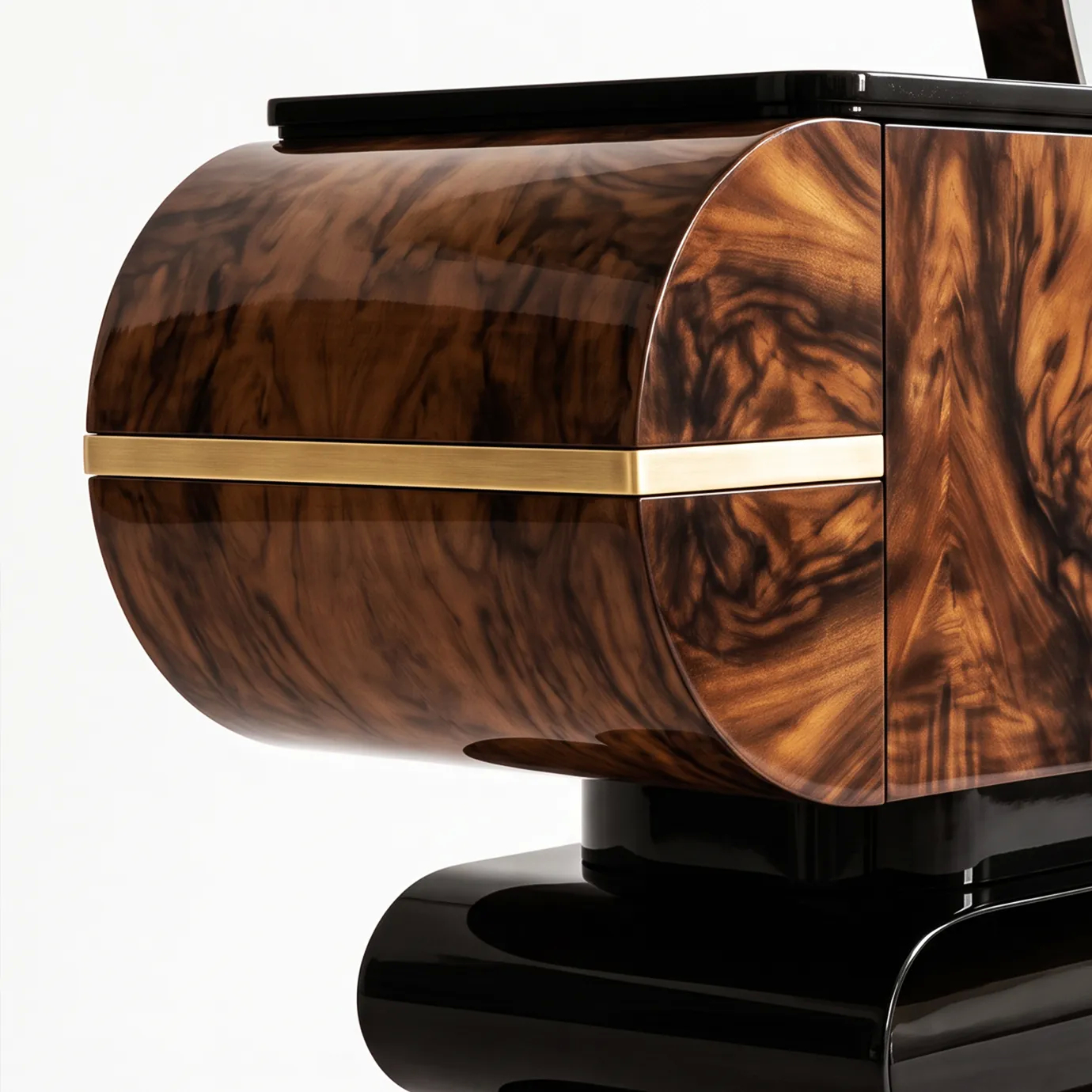 Rounded end of Elsa console table by KOKET in high-gloss walnut burl with brushed brass strip over black lacquer base.