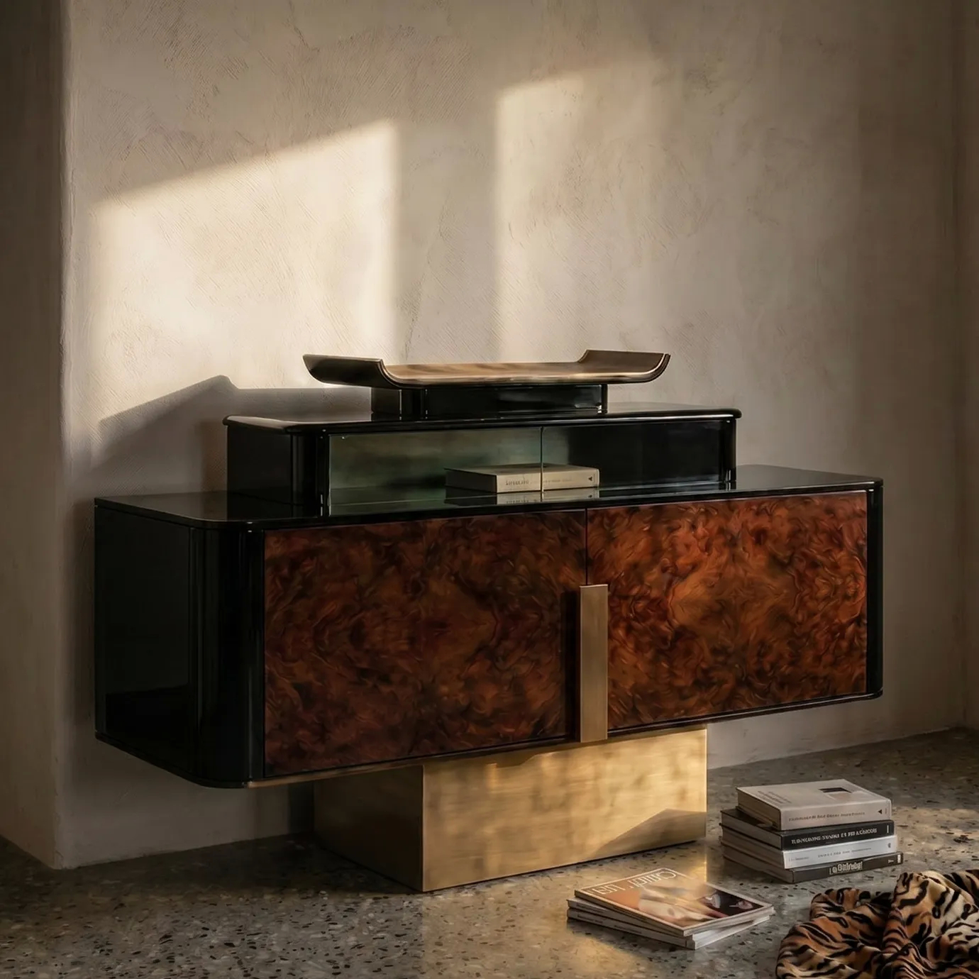 KOKET Women Art Deco luxury chest with rich wood veneer, black lacquer frame and brushed gold base in an elegant interior.