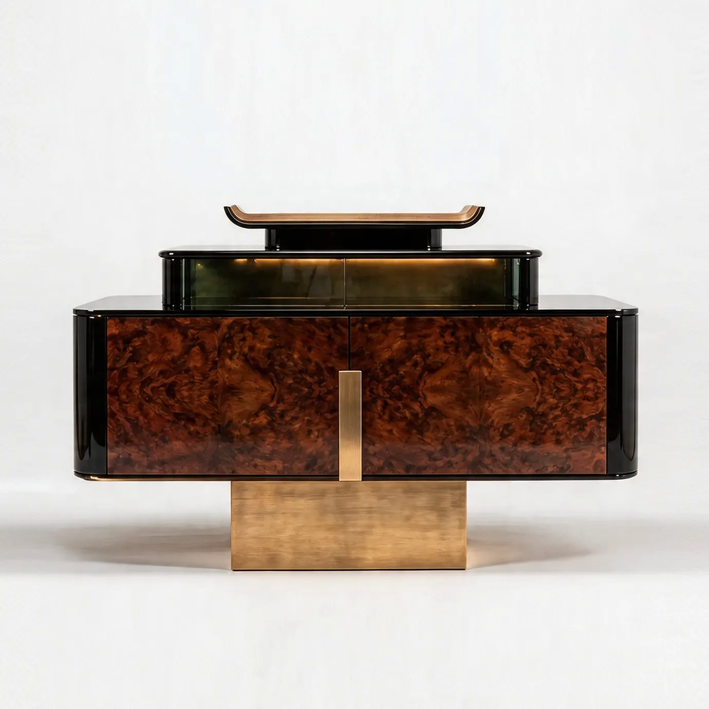 KOKET Women Art Deco luxury chest with rich wood veneer doors, glossy black lacquer frame and sculptural brushed gold base.