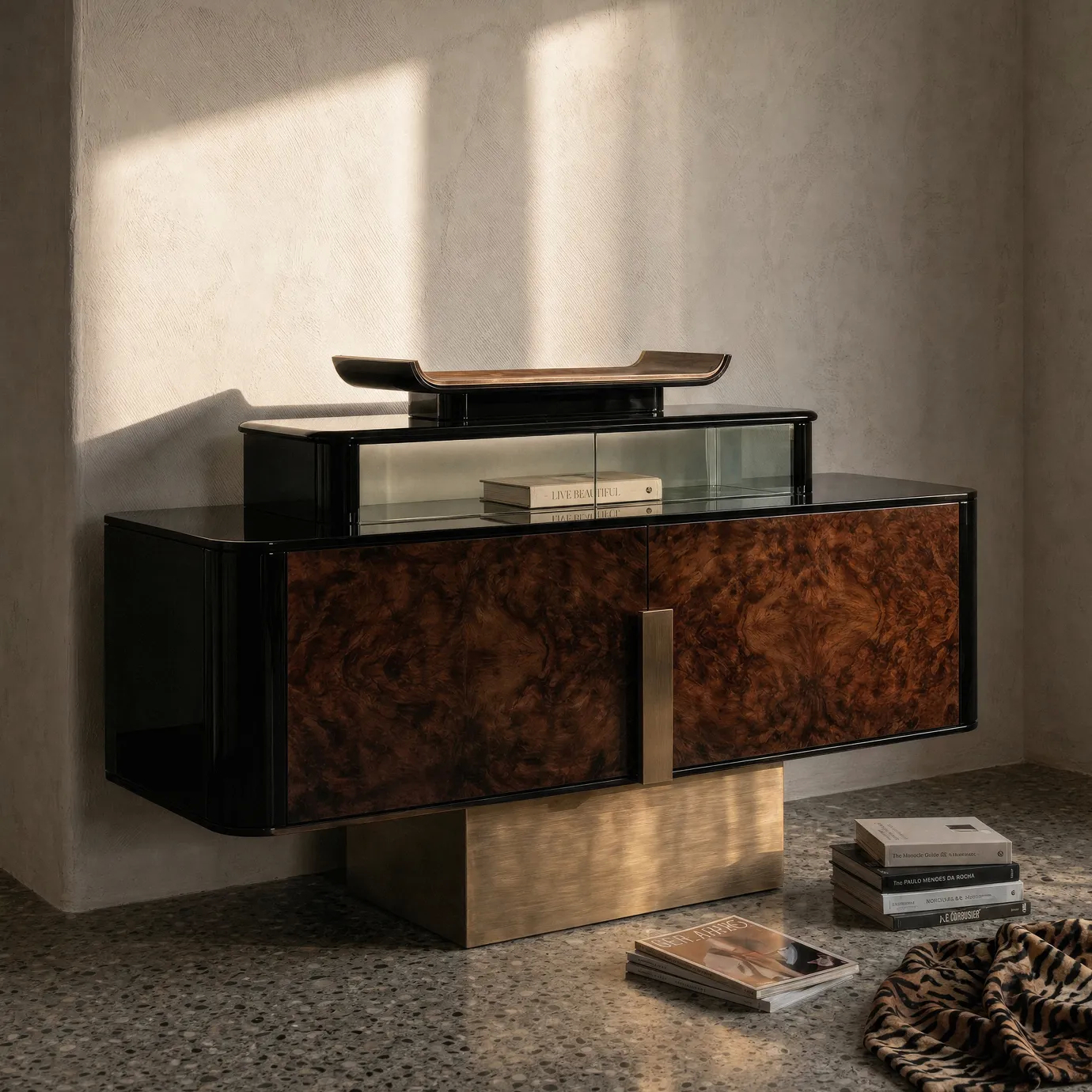 Delany display cabinet by KOKET styled in a dark interior with walnut burl doors, illuminated display and brass pedestal base.