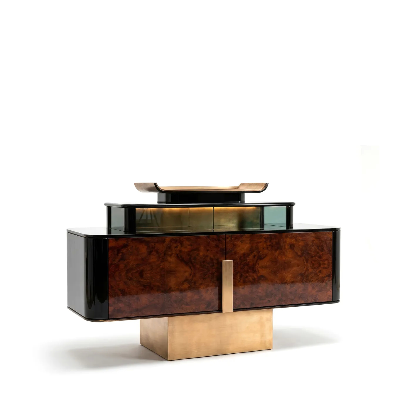 Three-quarter view of Delany display cabinet by KOKET in walnut burl and black lacquer with a sculptural brass pedestal base.