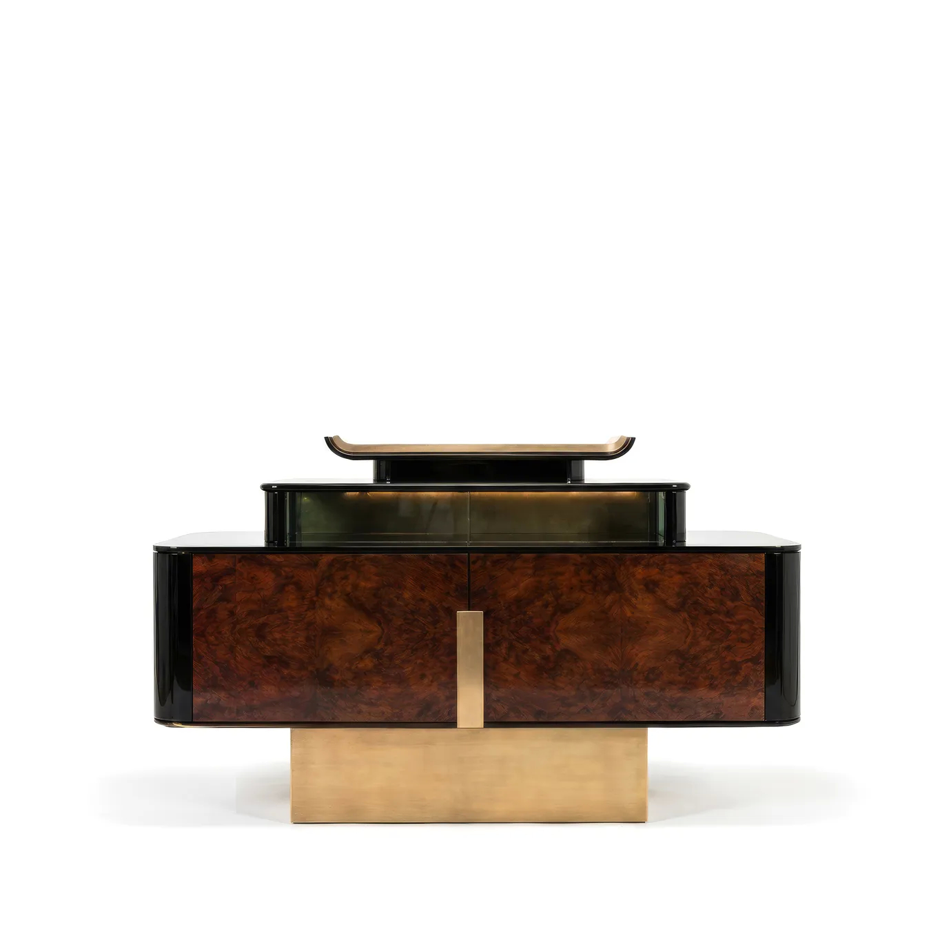 Delany display cabinet by KOKET in walnut burl and black lacquer with illuminated smoked glass display and brass base.