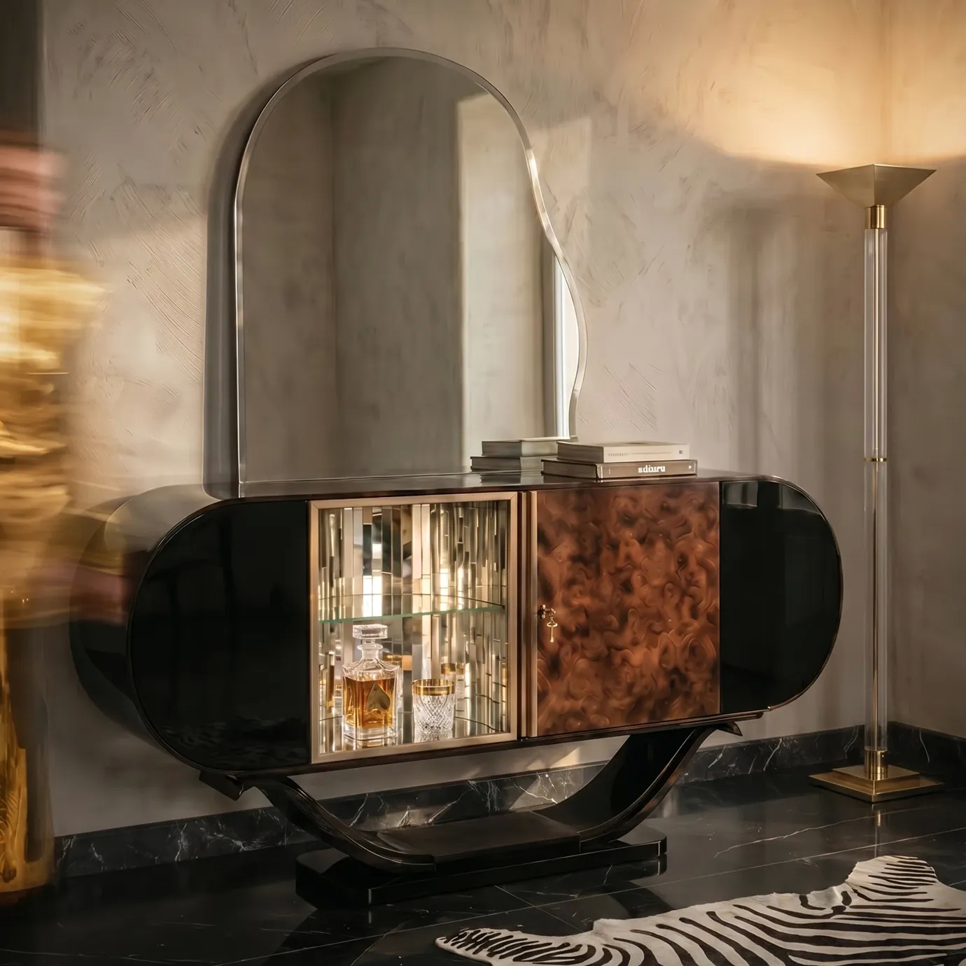 KOKET Women Art Deco luxury chest with mirror, illuminated display cabinet, rich wood veneer and glossy black lacquer.