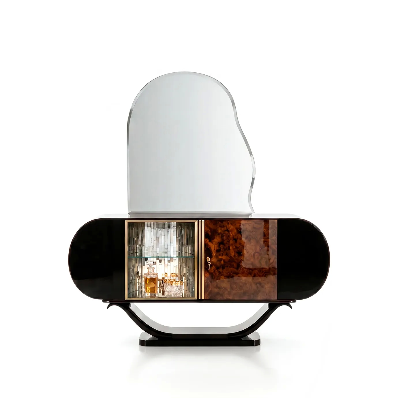 KOKET Women Art Deco luxury chest with organic mirror, illuminated glass cabinet, rich wood veneer and glossy black lacquer.