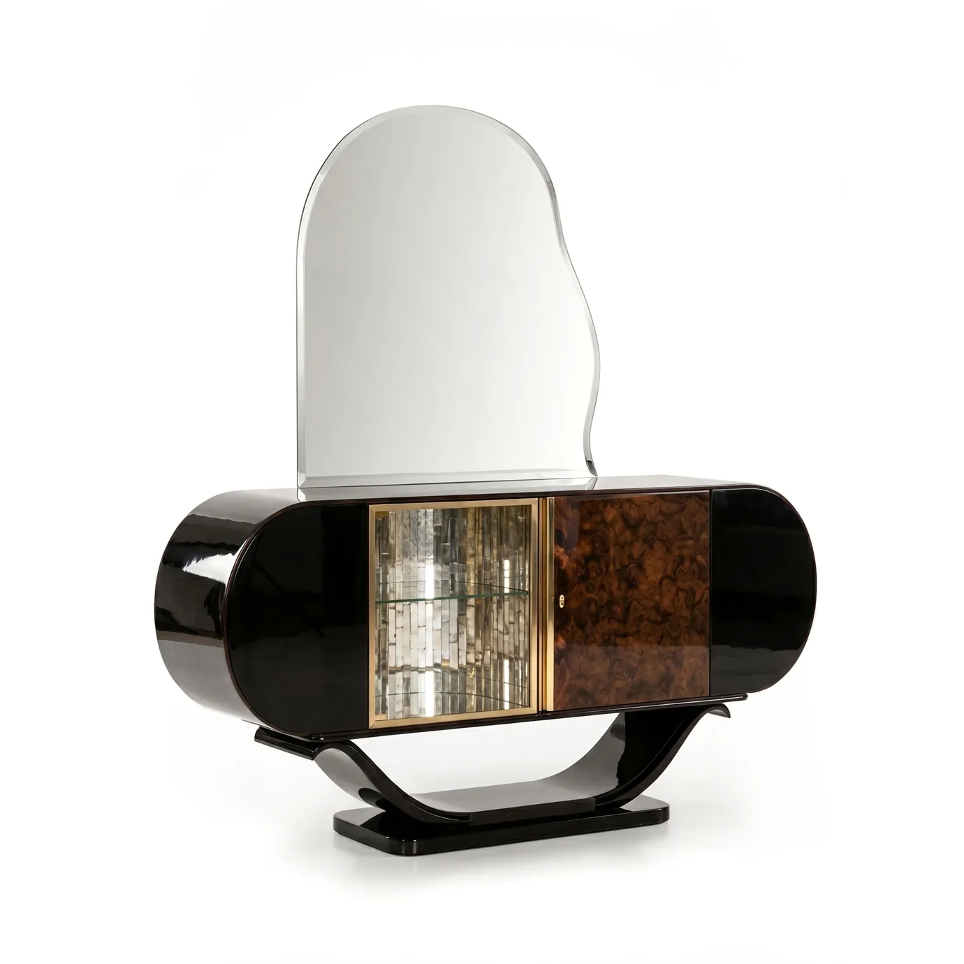 Florence bar cabinet by KOKET at an angle, showing rounded black lacquer body, mirror-mosaic interior and walnut burl door.