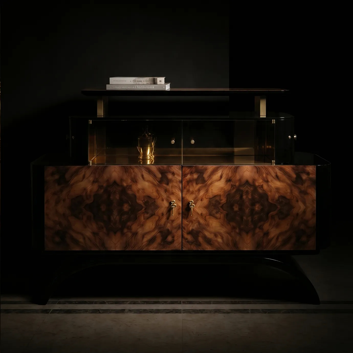 Odette sideboard by KOKET on a dark background, walnut burl doors and a brass vessel glowing inside the smoked glass display.