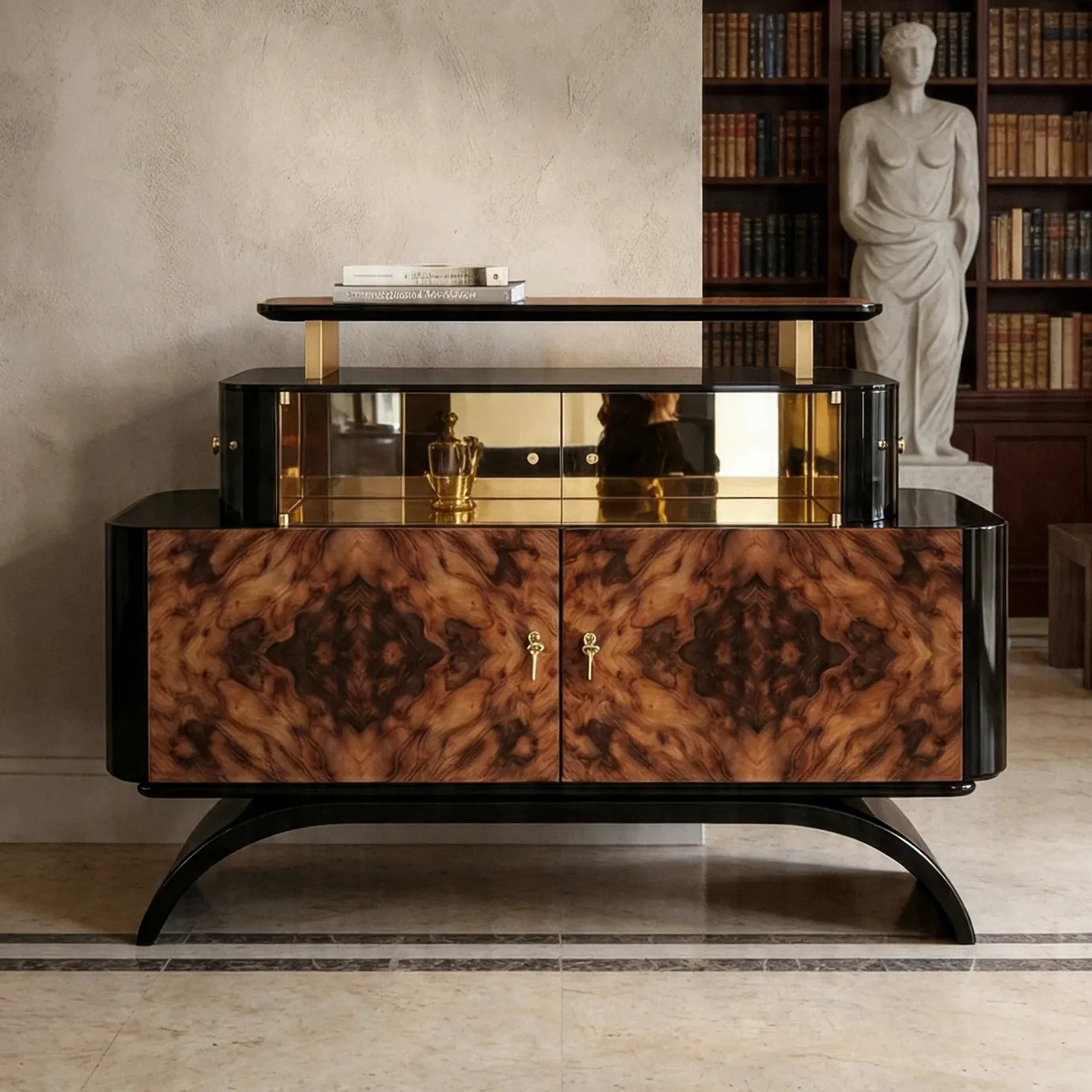 Odette sideboard by KOKET in a library with a classical statue and shelves of books, a brass vessel in smoked glass display.