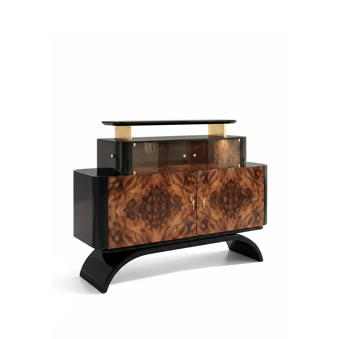 Odette sideboard by KOKET at an angle, rounded ends, walnut burl doors, smoked glass display over arched black lacquer base.