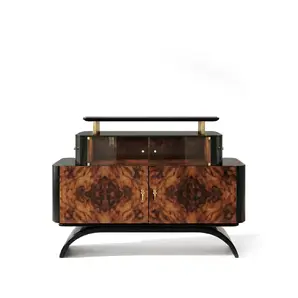 Odette sideboard by KOKET, walnut burl doors below a smoked glass display tier on brass posts, black lacquer base, front.
