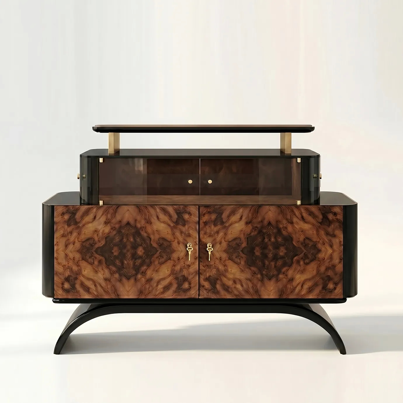 KOKET Women Art Deco luxury chest with symmetrical wood veneer doors, smoked glass storage, black lacquer frame and gold accents.