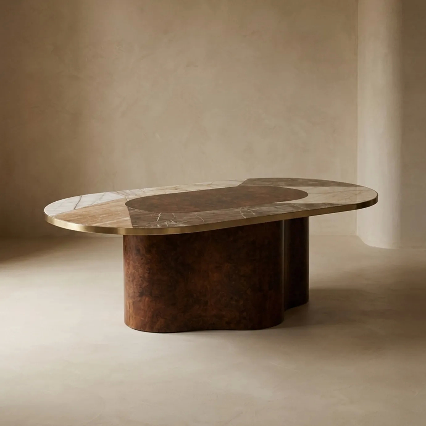 KOKET Women Art Deco luxury dining table with marble top, brass edge and sculptural wood veneer base in a refined interior.