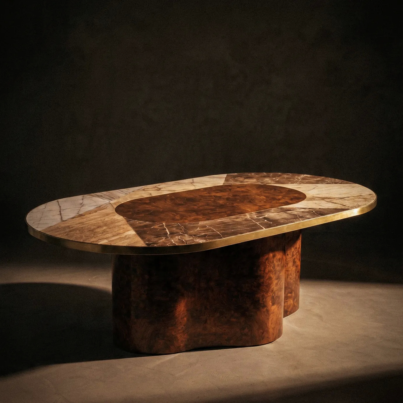 Decodiva dining table by KOKET in a dark interior highlighting the marble and walnut burl top with brass trim.