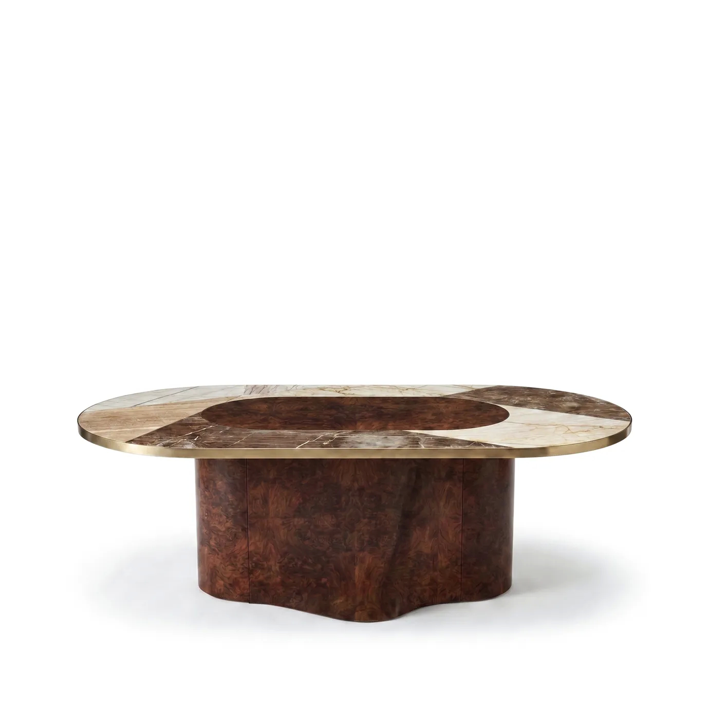 Decodiva dining table by KOKET with oval stone marquetry top in marble and walnut burl on a sculptural walnut base.