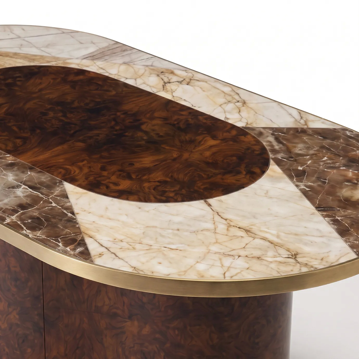 Stone marquetry top detail on Decodiva dining table by KOKET, white and brown marble, walnut root center, satin brass edge.