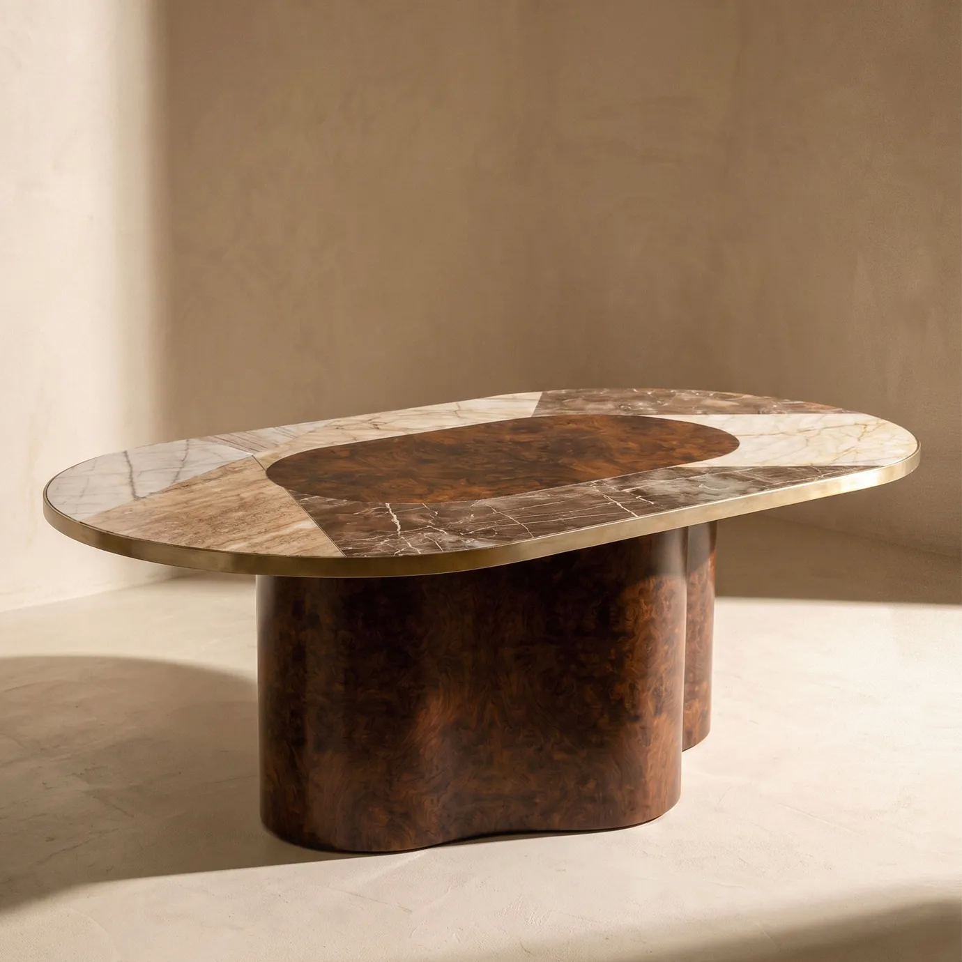 Decodiva dining table by KOKET in a sunlit interior showing the oval marble and walnut burl top on a curved base.