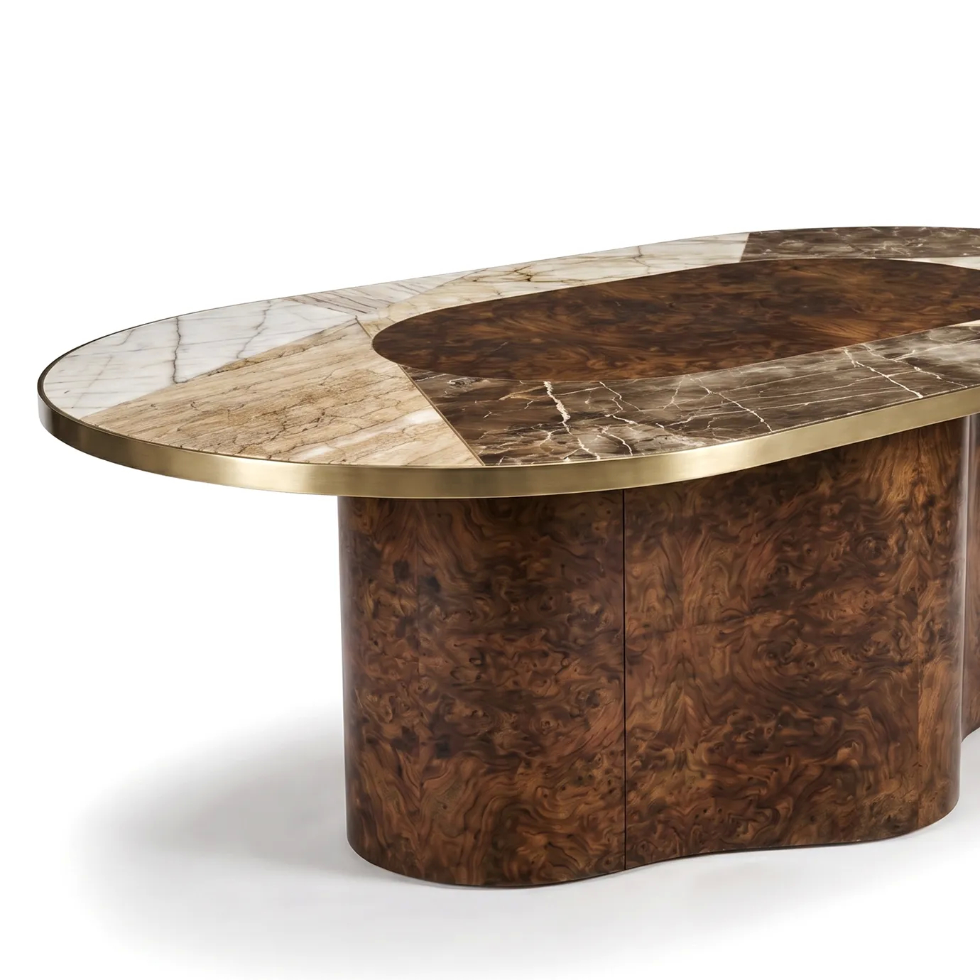 Stone marquetry top detail on Decodiva dining table by KOKET with white and brown marble, walnut burl centre and brass edge.