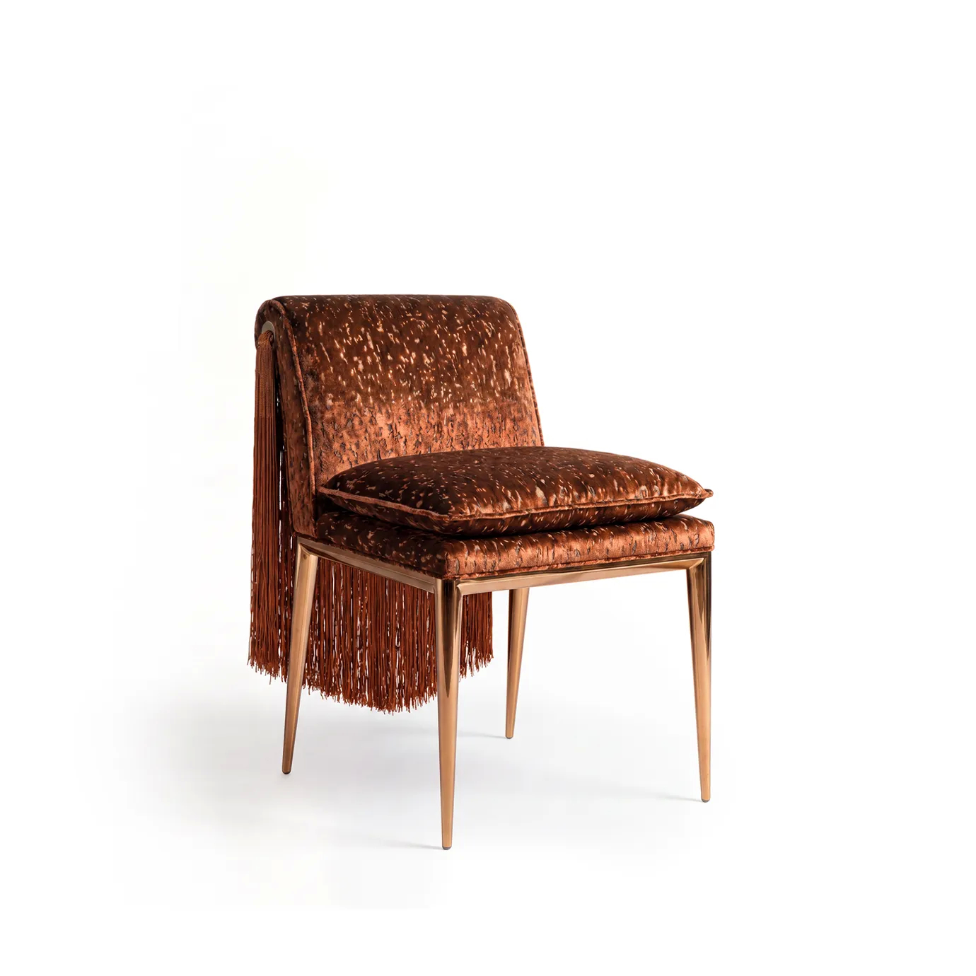 Lucienne dining chair by KOKET in cognac patterned velvet with cascading fringe and polished brass legs, front angle.