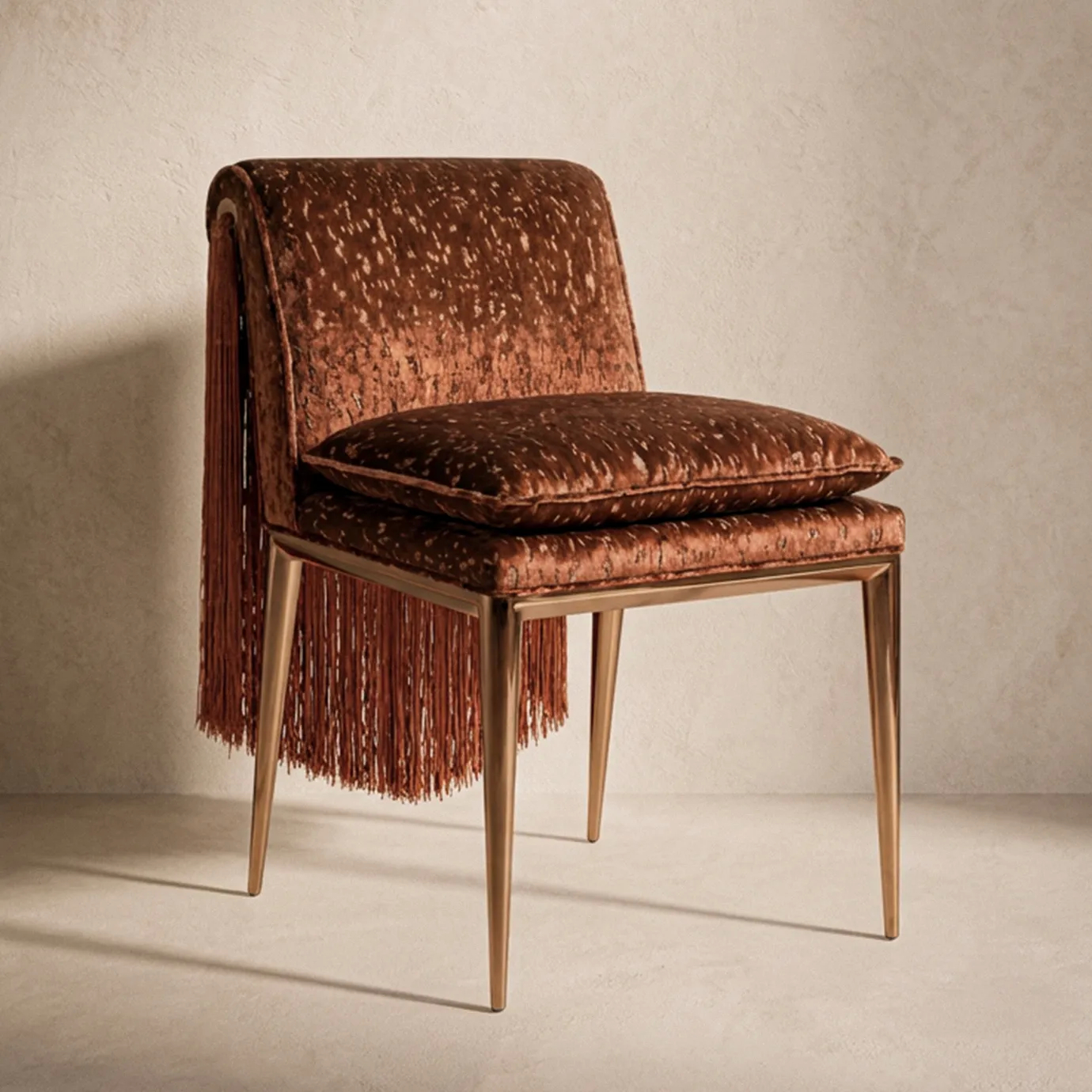 Lucienne dining chair by KOKET in a warm interior, cognac patterned velvet with fringe and slim polished brass legs.