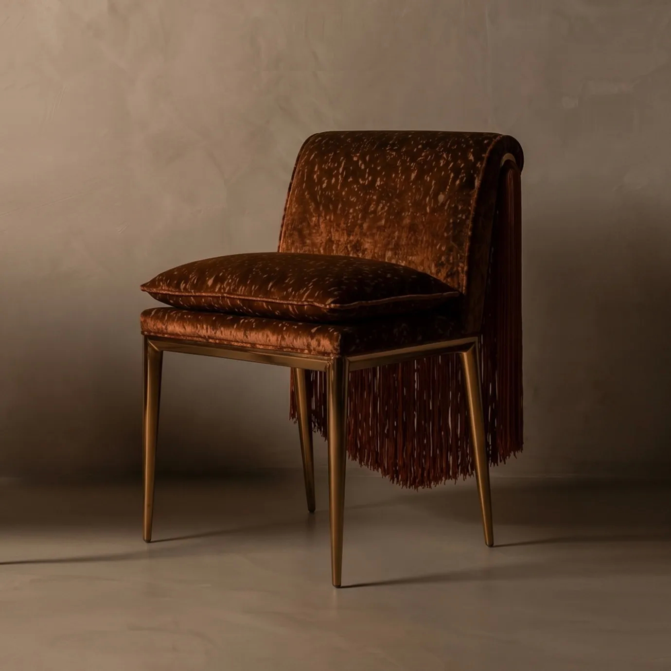 KOKET Women Art Deco luxury chair with brown velvet upholstery, fringe detailing and elegant gold legs in a refined interior.