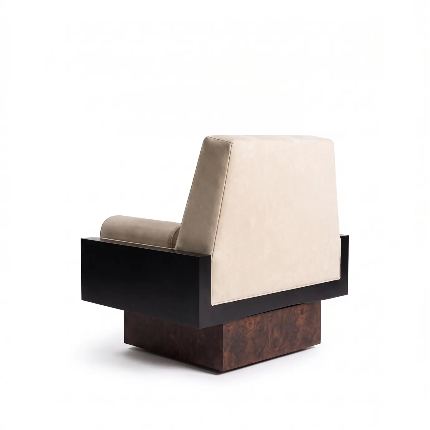 Lola armchair by KOKET from the back, cream velvet on a black lacquer frame with a rich walnut base.