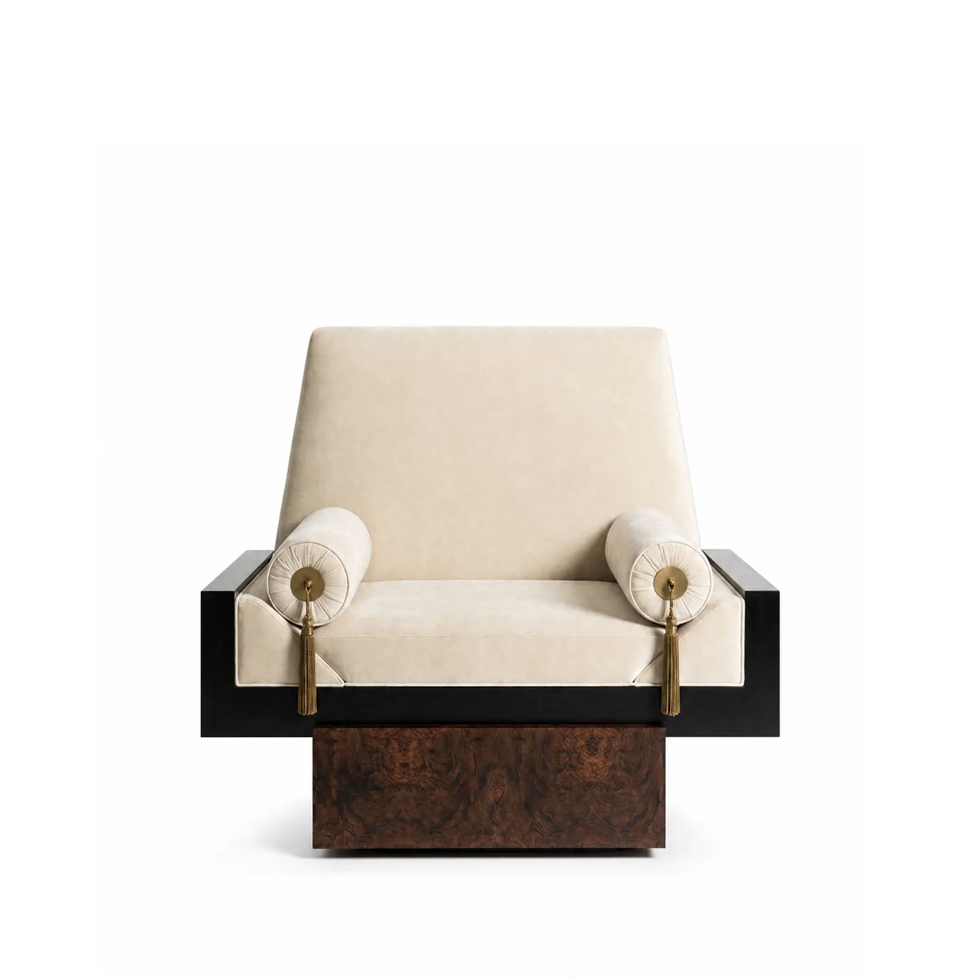 Lola armchair by KOKET in cream velvet, bolsters with polished brass medallions and tassels, black lacquer and walnut veneer.