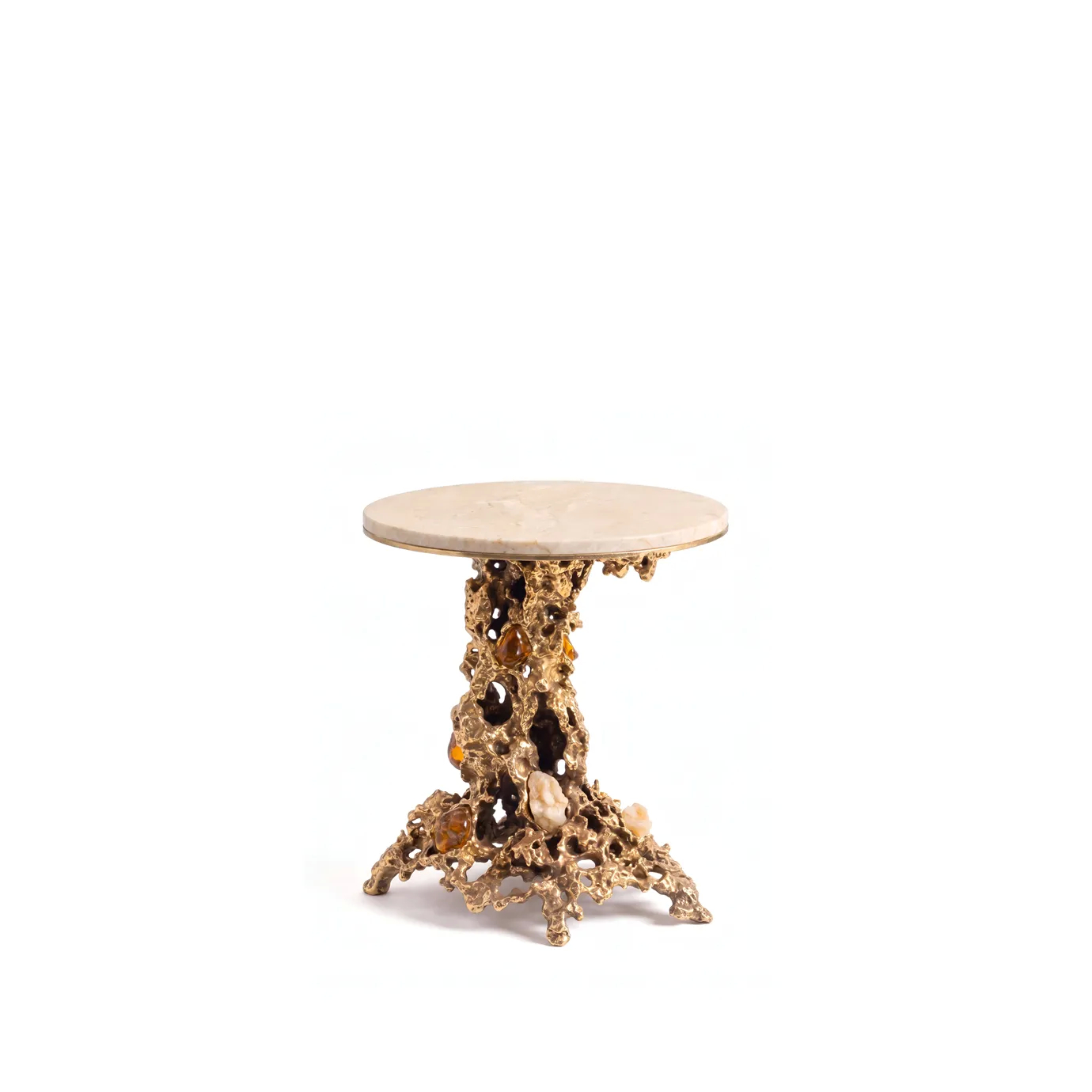 Empress side table by KOKET, back view, cream marble top on a sand-cast brass base with amber and pale rock crystals.