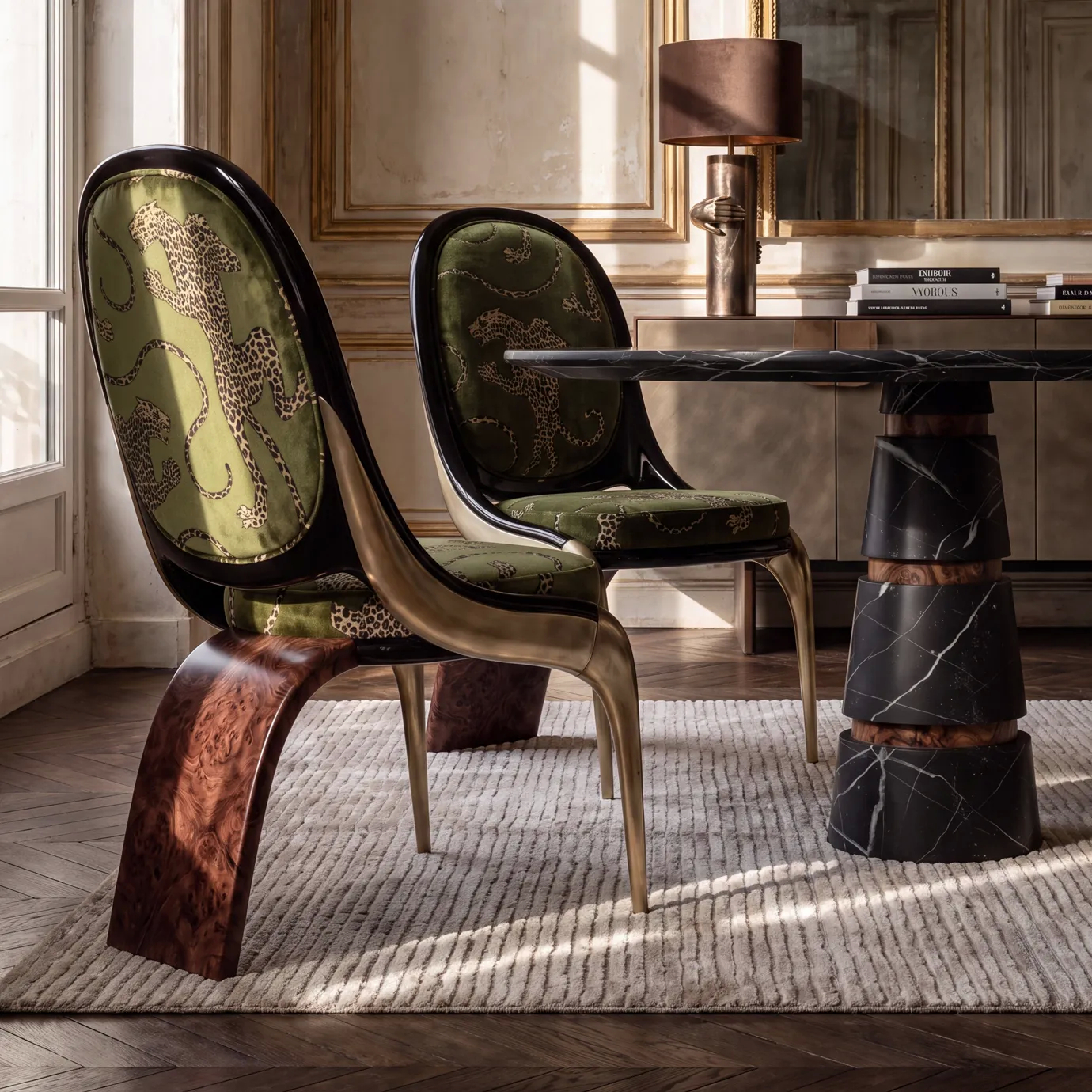 Two Gabrielle dining chairs by KOKET in olive leopard-print velvet with sculptural walnut burl backs, in a Paris interior.