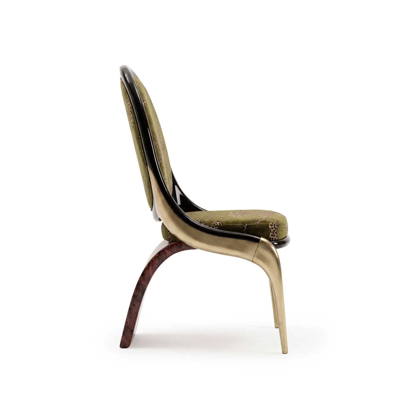 Gabrielle dining chair by KOKET, side view: olive velvet with leopard print, black lacquer, brushed brass, walnut burl blade.