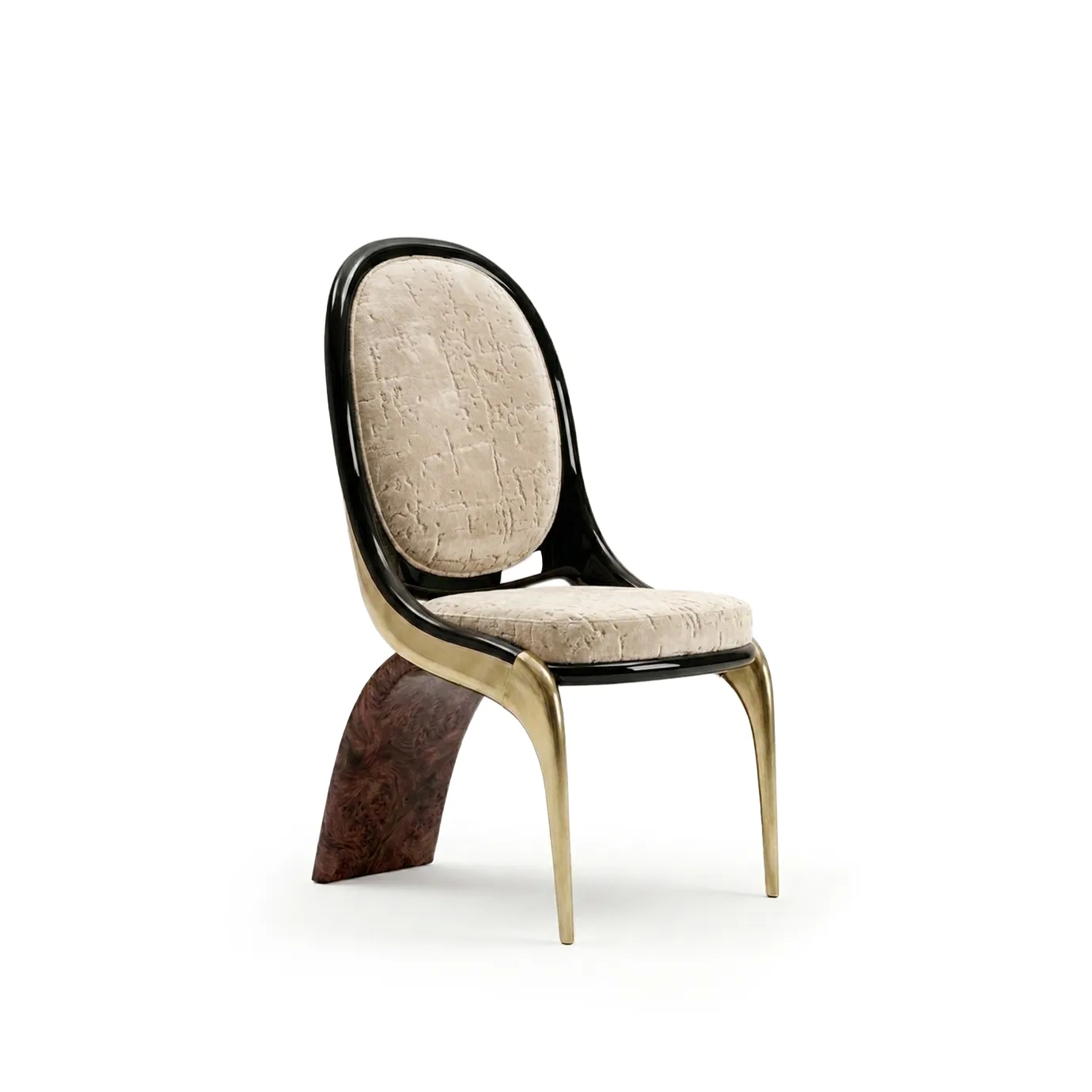Gabrielle dining chair by KOKET, oyster textured velvet in a black lacquer oval back, brushed brass legs, walnut burl blade.