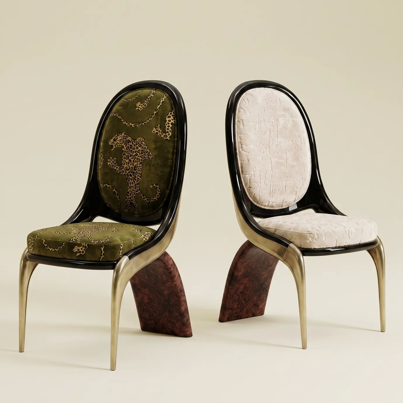 Gabrielle dining chairs by KOKET, oyster velvet beside the olive leopard-print variant, brass legs and walnut burl blades.