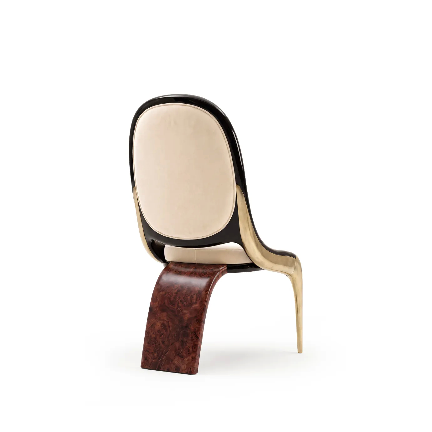 Gabrielle dining chair by KOKET from the back, cream velvet oval in a black lacquer shell, brushed brass and walnut burl.