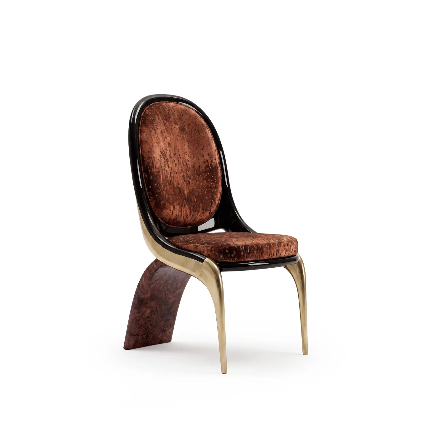 Gabrielle dining chair by KOKET, mottled rust velvet in a black lacquer oval back, brushed brass legs and walnut burl blade.