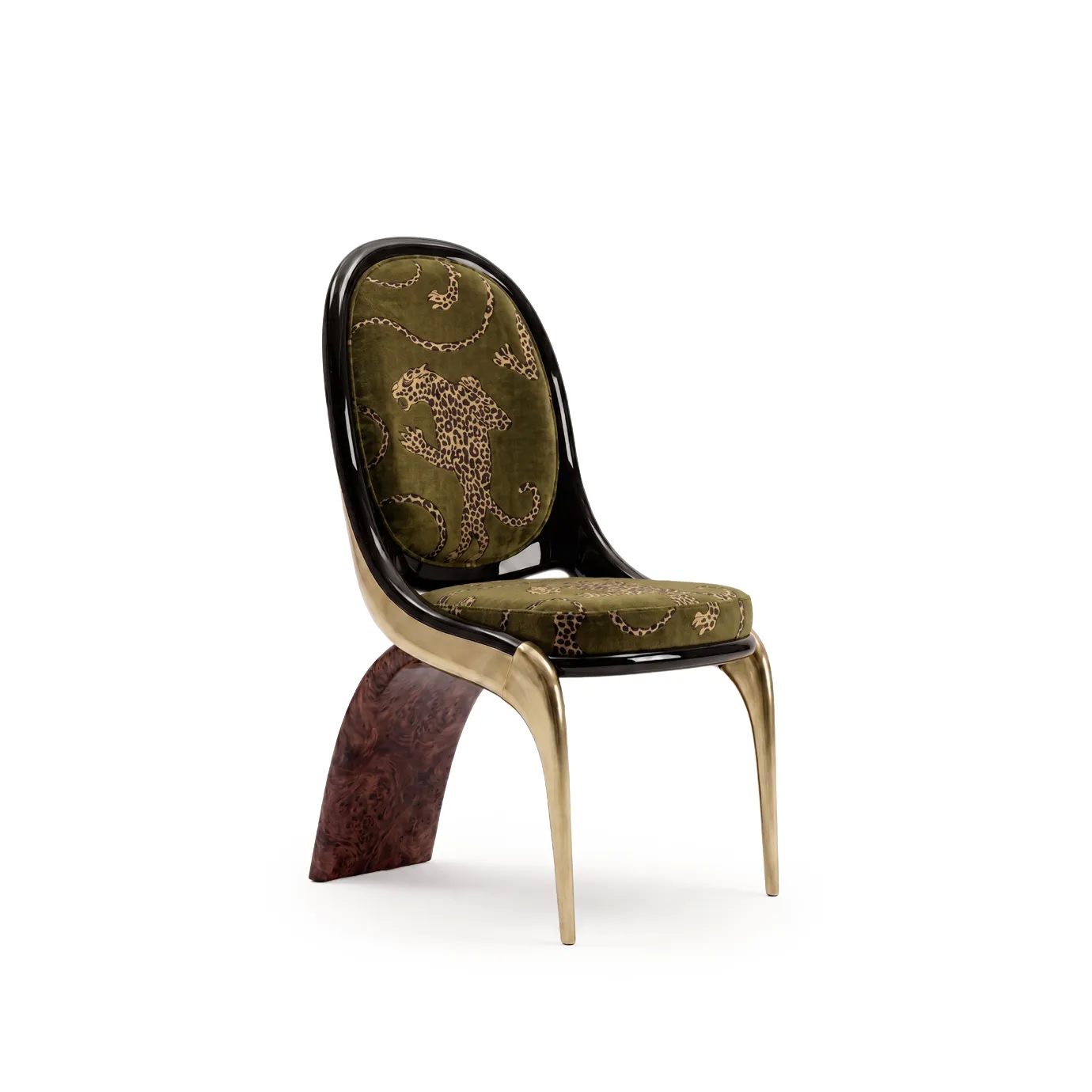 Gabrielle dining chair by KOKET in olive velvet with gold leopards, oval black lacquer back and brushed brass legs.