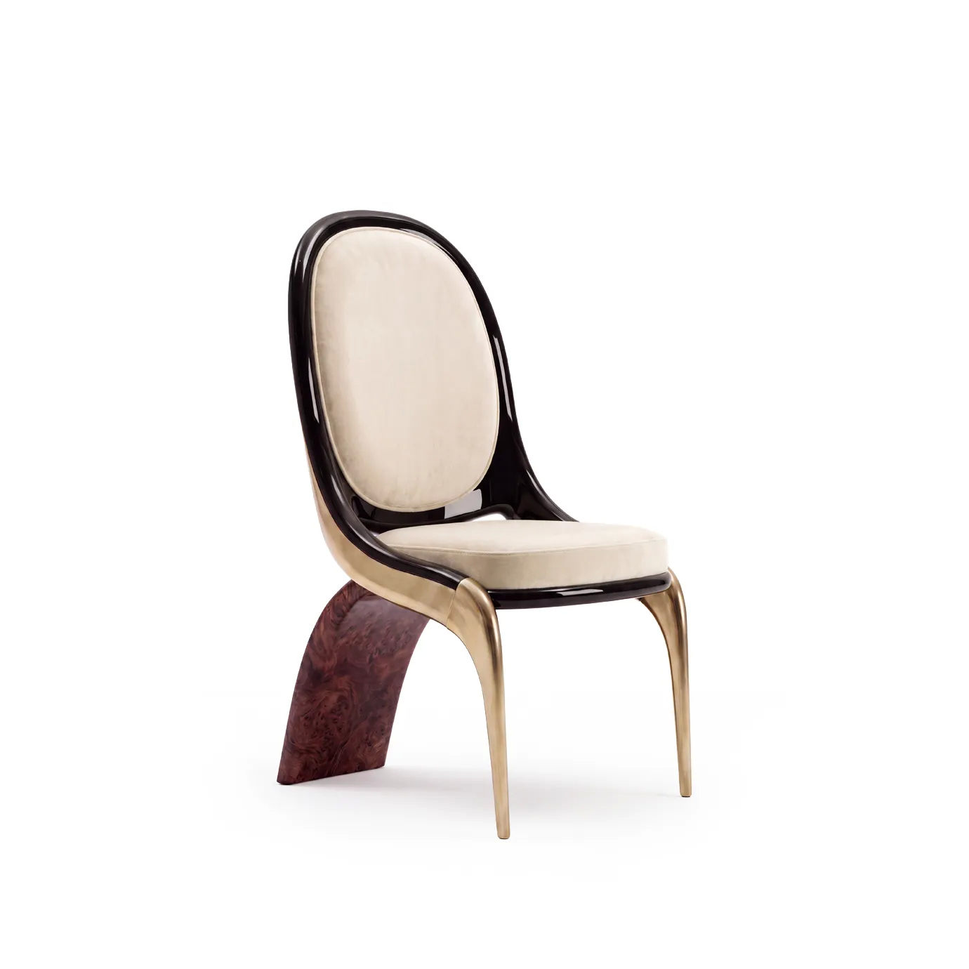 Gabrielle dining chair by KOKET in cream velvet, oval black lacquer back, brushed brass legs and walnut burl blade.