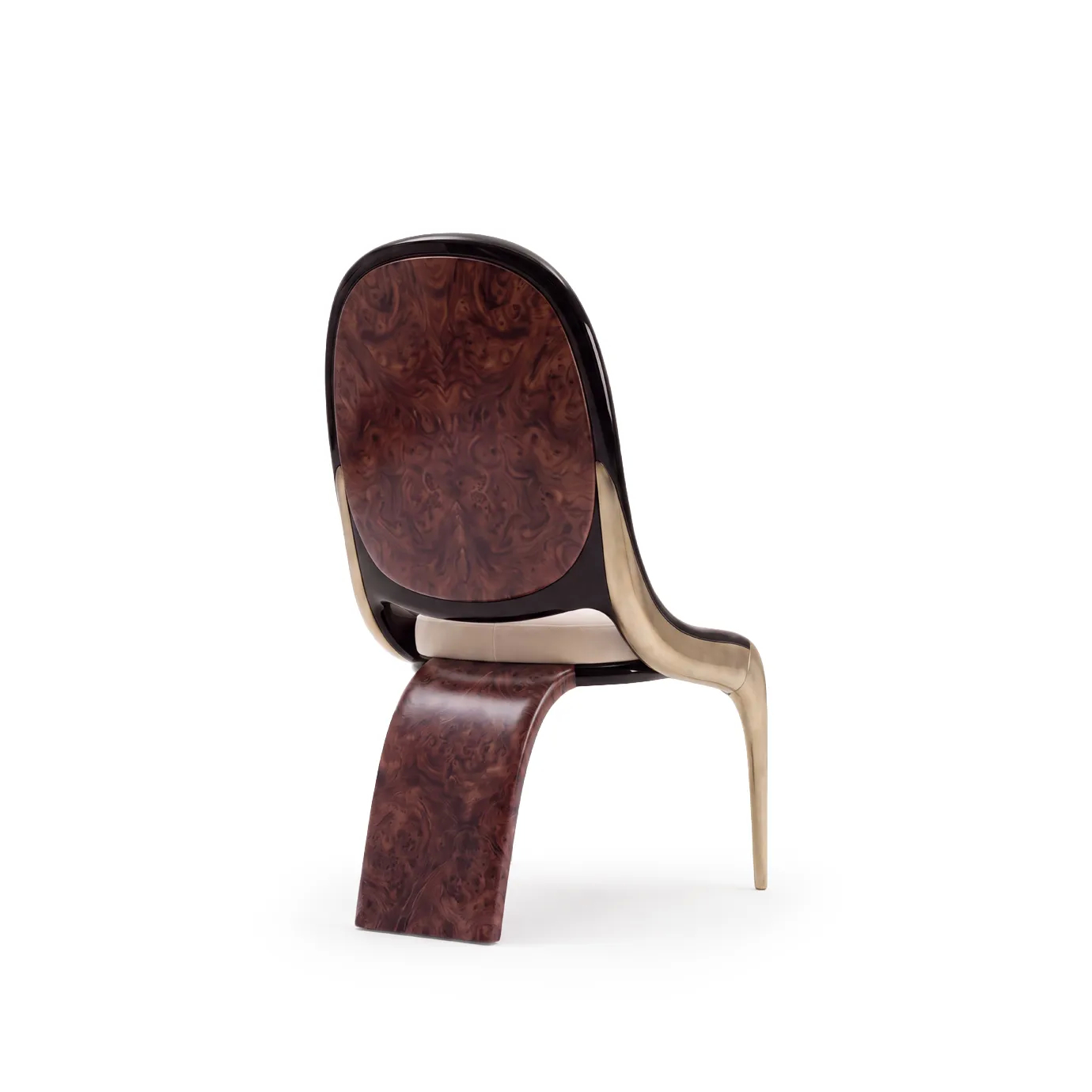 Gabrielle dining chair by KOKET from behind, walnut burl outer back in black lacquer and brass over a cream velvet seat.