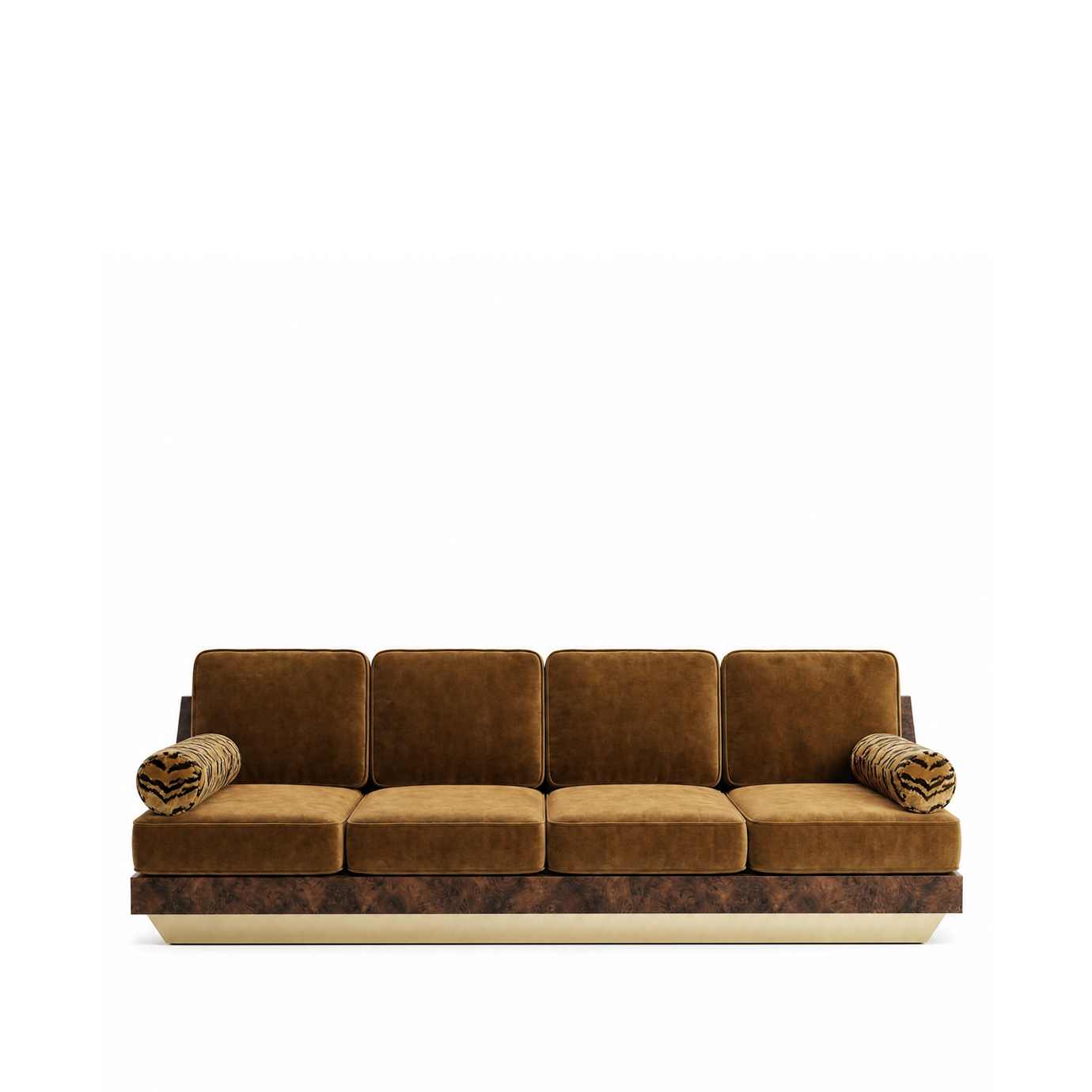 Eileen sofa by KOKET, front view, four amber velvet seats and backs, tiger-print bolsters, walnut burl base, aged brass.