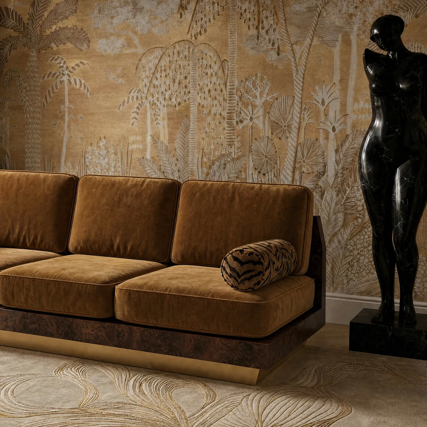 Eileen sofa by KOKET against a palm-motif wallcovering, amber velvet, tiger-print bolster, walnut burl base, aged brass.