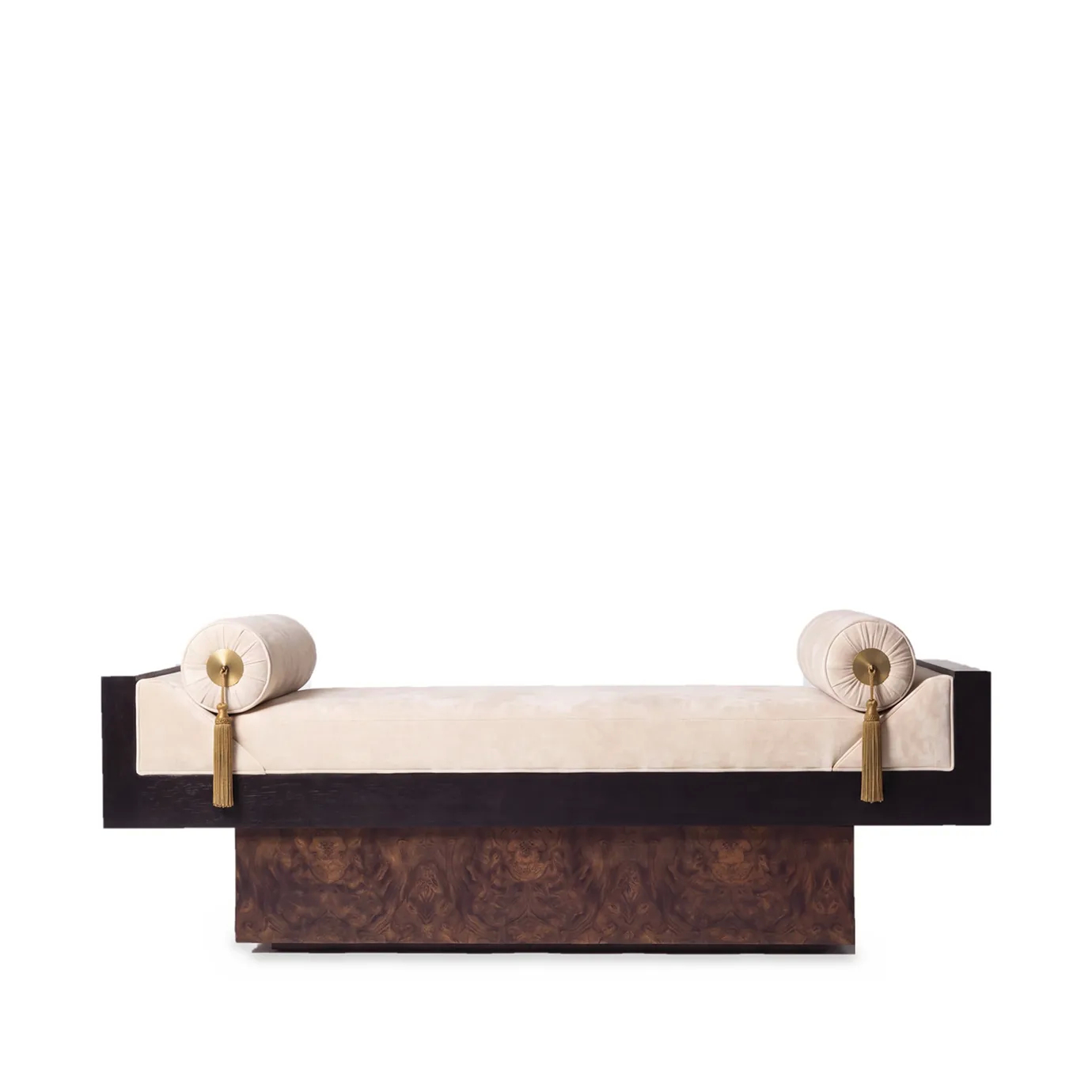 Lola bench by KOKET, front view, cream velvet seat, polished brass medallions, gold tassels, walnut root plinth.