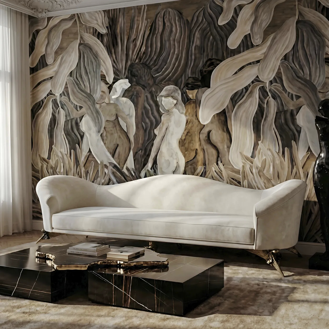 Cream-colored Colette Sofa with gold-accented legs set against a dramatic mural of abstract figures and botanicals—creates a sophisticated, artful living room centerpiece.